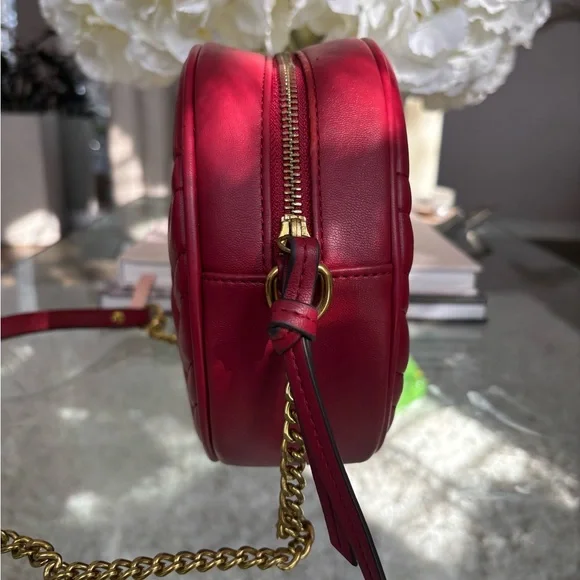 DESIGNER INSPIRED G G MARMONT Red Round Crossbody Bag with Gold Accents - Picture 5 of 12